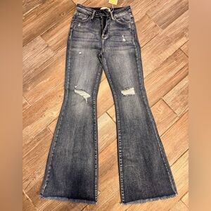 Risen brand Women's Distressed Flare Jeans - Dark Wash Style No. RDP5537